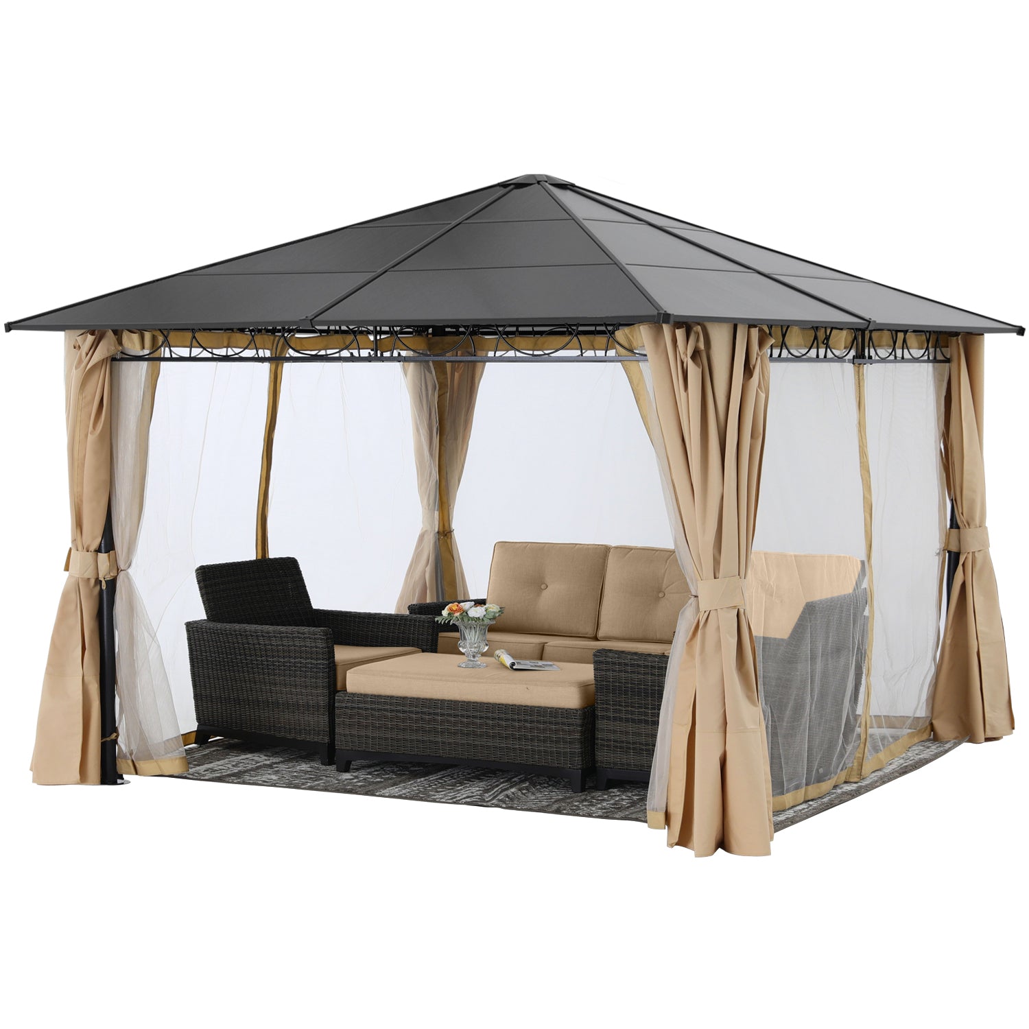 ABCCANOPY 10x10/10x12 Steel Roof Hardtop Gazebo with Privacy Curtains and Netting