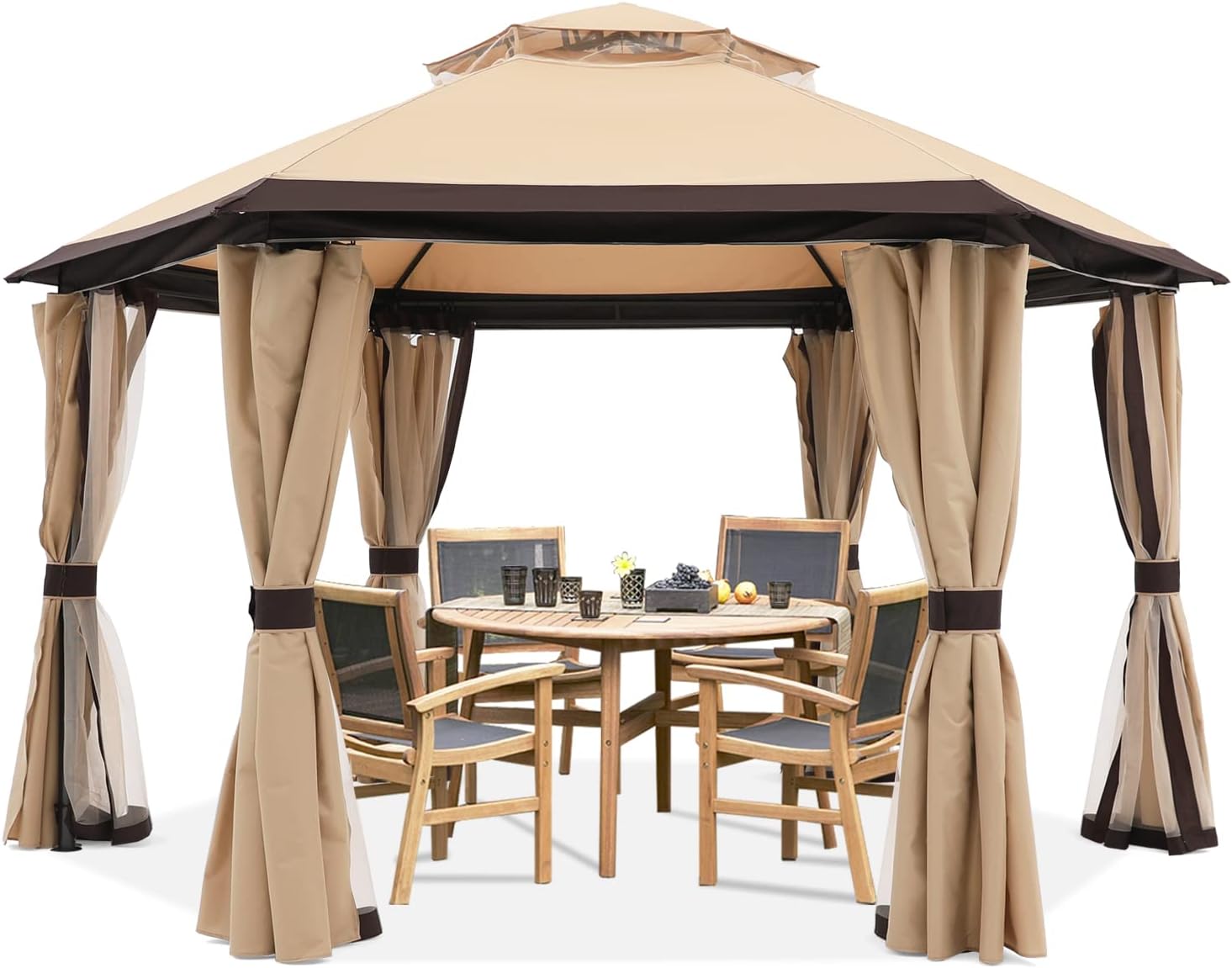 ABCCANOPY 10x10/13x13 Outdoor Hexagonal Gazebo with Netting and Privacy Curtains