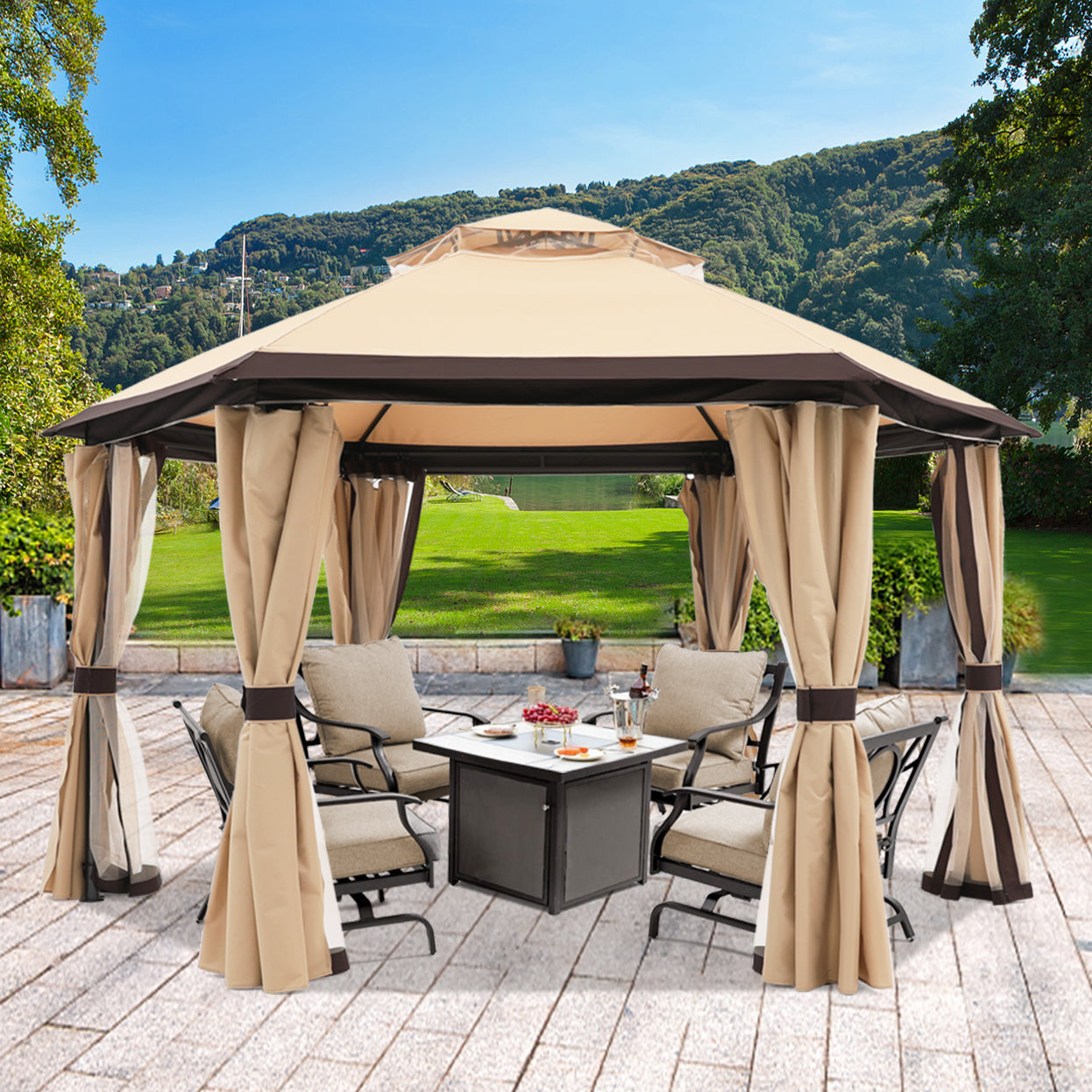 ABCCANOPY 10x10/13x13 Outdoor Hexagonal Gazebo with Netting and Privacy Curtains