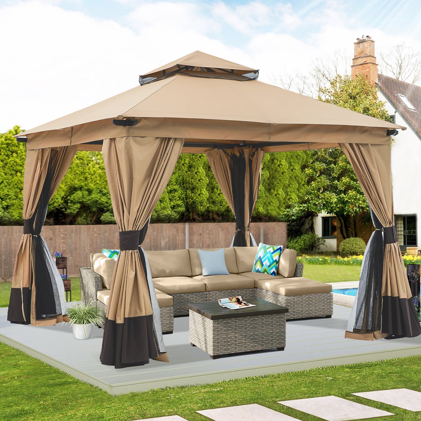 ABCCANOPY Outdoor Double Roof Soft 10x10 Patio Gazebo With Mesh Wall