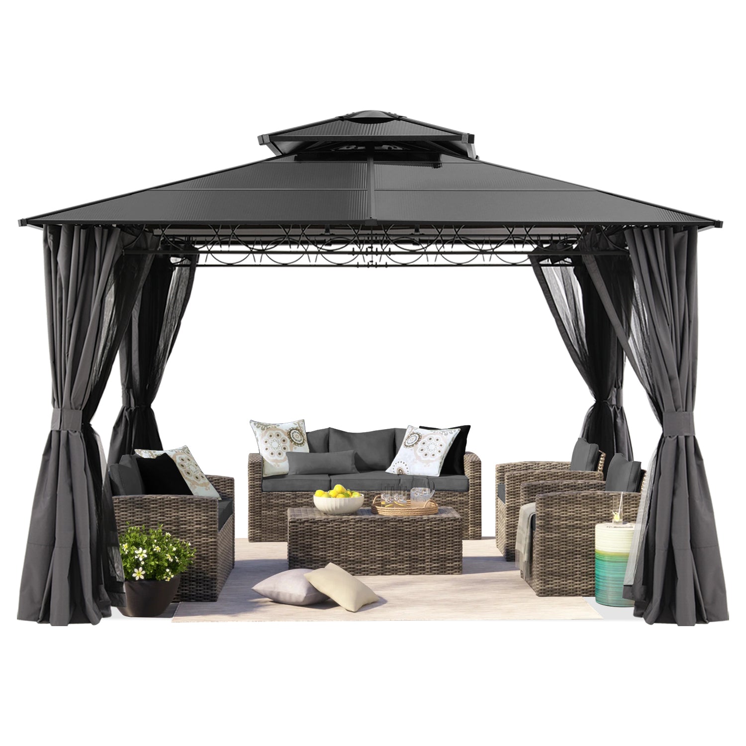 ABCCANOPY 10x10/10x12 Steel Double Roof Hardtop Gazebo with Privacy Curtains and Netting