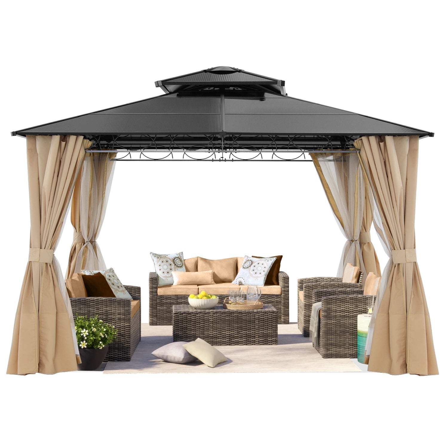 ABCCANOPY 10x10/10x12 Steel Double Roof Hardtop Gazebo with Privacy Curtains and Netting