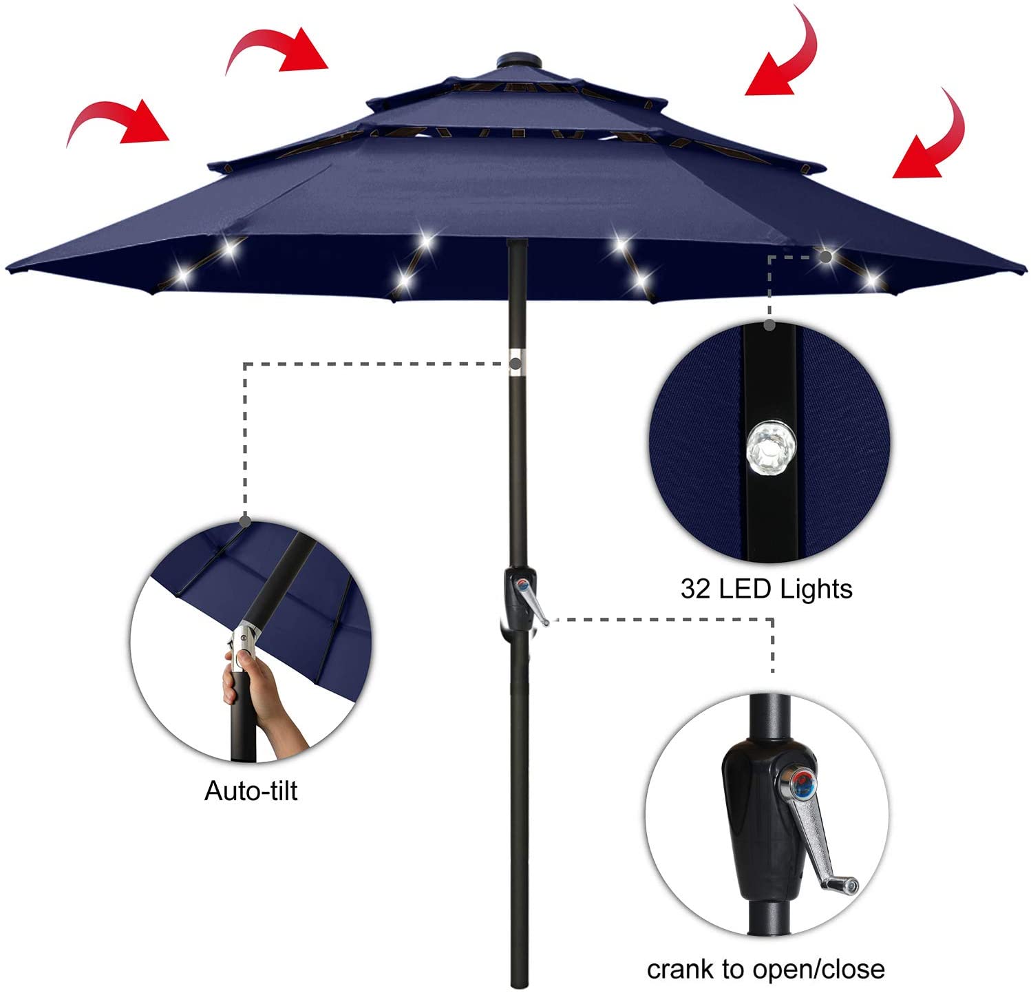 Solar 3 Tiers Patio Umbrella Outdoorwith 32 LED Ventilation - ABC-CANOPY